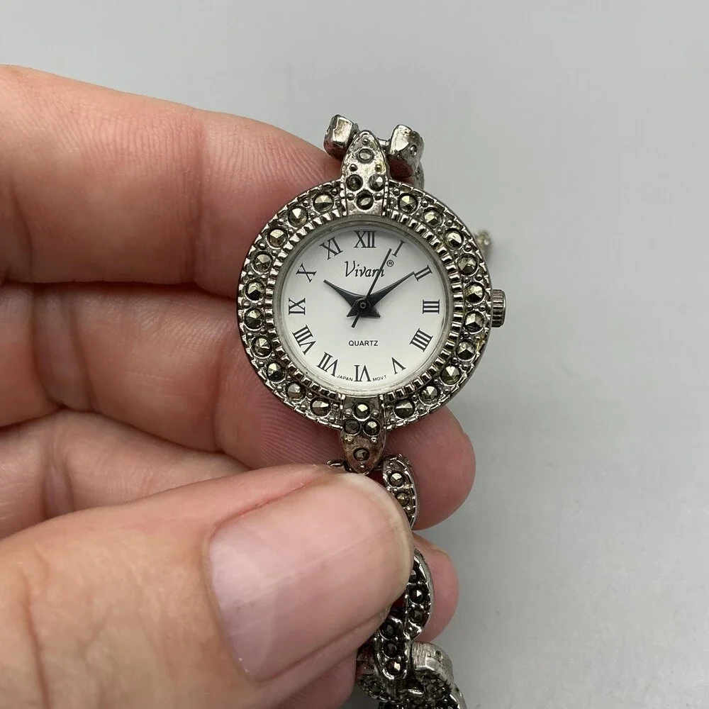 Vivani Womens Watch 23mm White Dial Silver Tone Marcasite New Battery 7